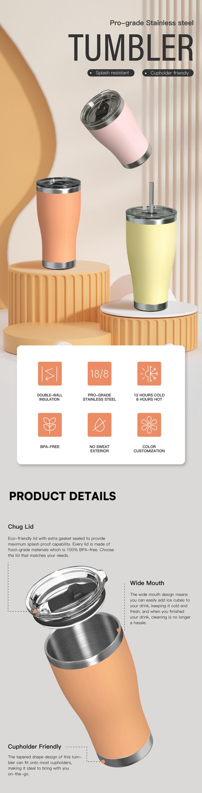 20oz 304 Stainless Steel Vacuum Travel Tumbler detail image 1