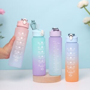 Gradient water bottles showing time and volume markings