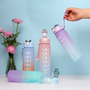 Portable gradient sports water bottle with wrist strap and flip-top straw lid