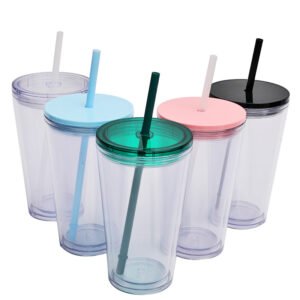 16oz Double-Wall Plastic Tumbler with Straw main image 1