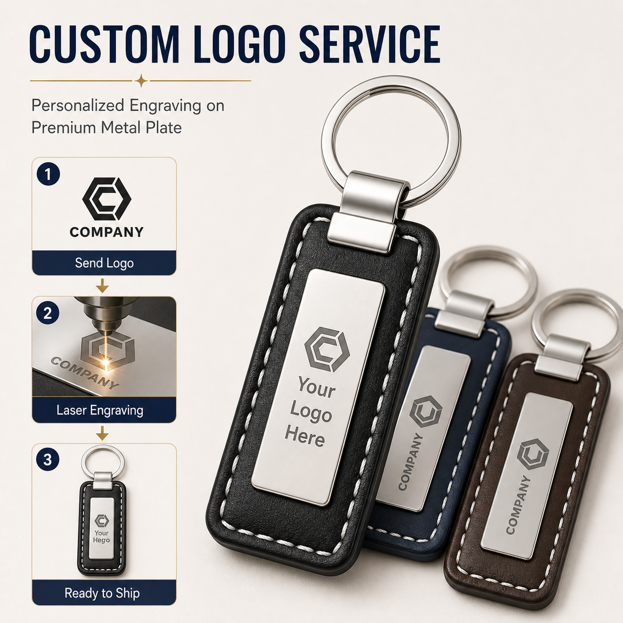 Custom Genuine Leather Keychain with Metal Logo Plate Personalized Cowhide Business Gift Car Key Ring Wholesale Low MOQ main image 2