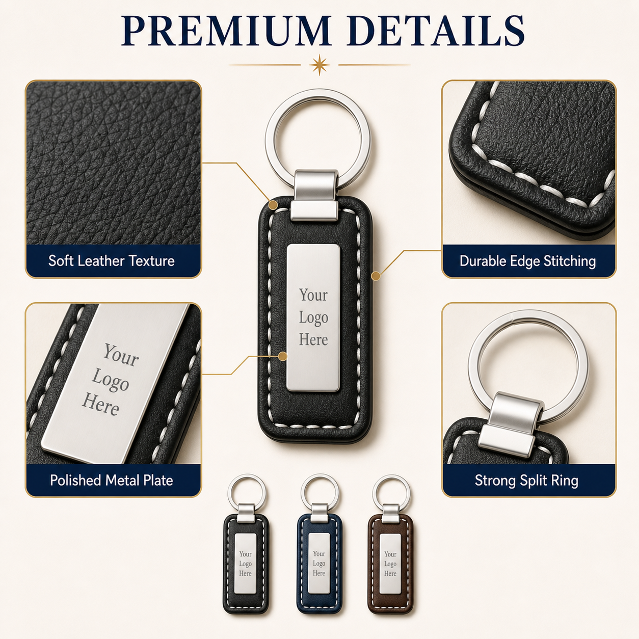 Custom Genuine Leather Keychain with Metal Logo Plate Personalized Cowhide Business Gift Car Key Ring Wholesale Low MOQ detail image 3