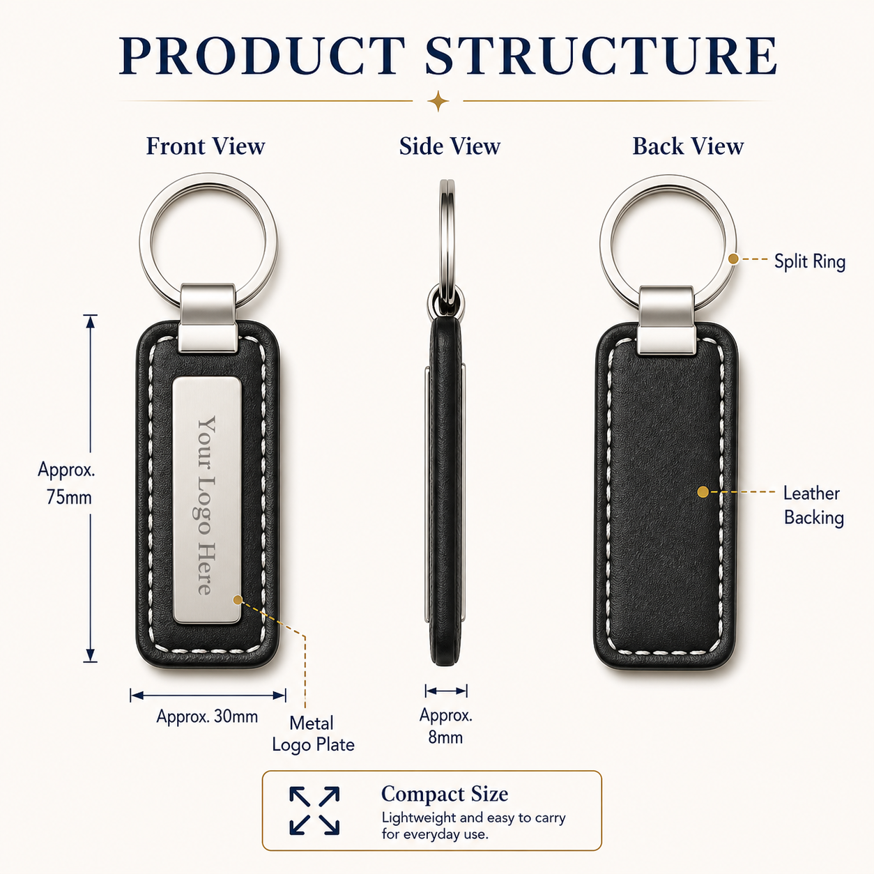 Custom Genuine Leather Keychain with Metal Logo Plate Personalized Cowhide Business Gift Car Key Ring Wholesale Low MOQ detail image 5