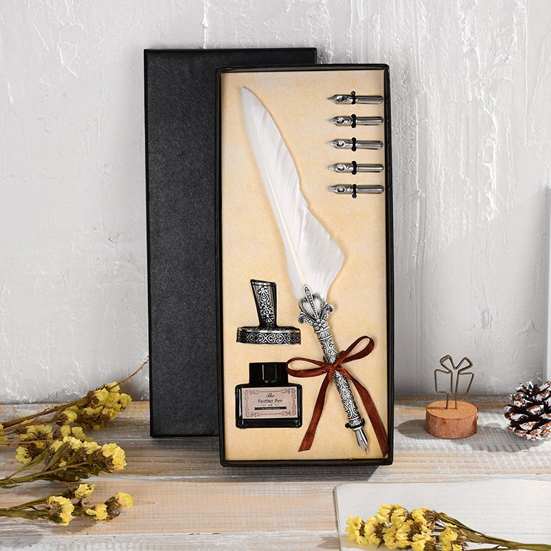 Vintage Feather Pen with Ink and Nibs main image 1