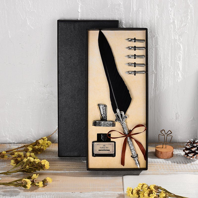 Vintage Feather Pen with Ink and Nibs main image 2